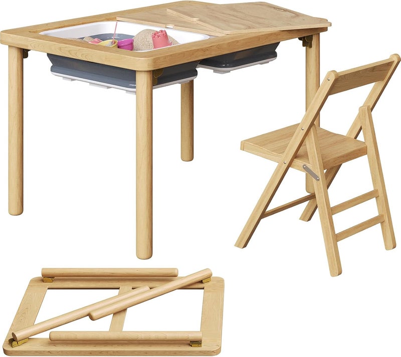 FUNLIO طاولة حسية خشبية قابلة للطي مع 2 صناديق و 1 كرسي قابل للطي للأطفال الصغار، طاولة حسية للأطفال مع غطاء من الخشب الرقائقي المقاوم للتشوه، مجموعة لعب رمل وماء داخلية/خارجية، معتمدة من CPC - Image 1